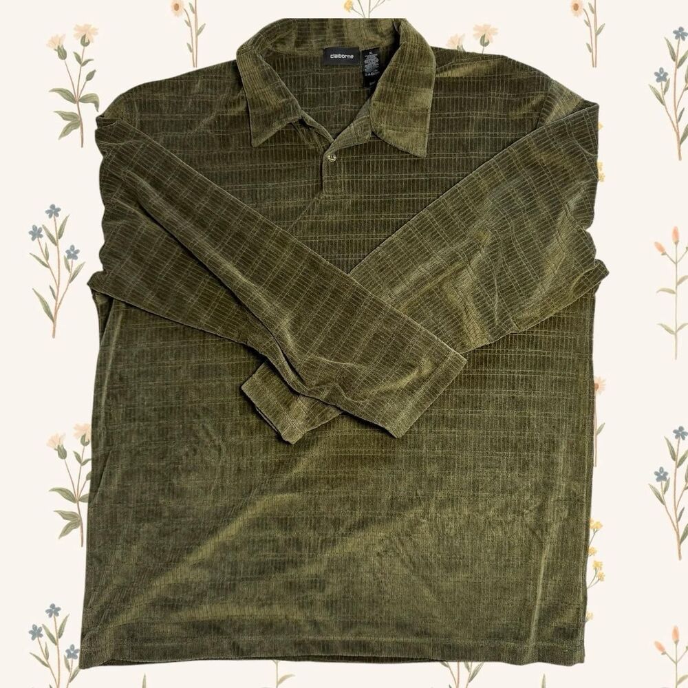 VINTAGE Claiborne Olive Green Ribbed Velour Polo Shirt XL Y2K